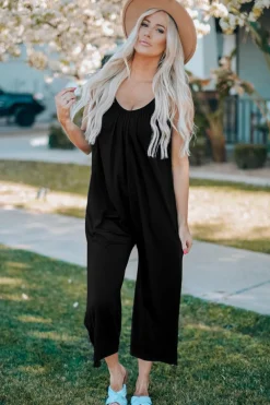 Discount Dear-Lover Spaghetti Straps Wide Leg Pocketed Jumpsuits Black
