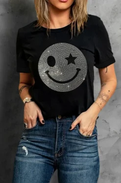 Best Dear-Lover Sparkle Rhinestone Smile Face Graphic T Shirt Black