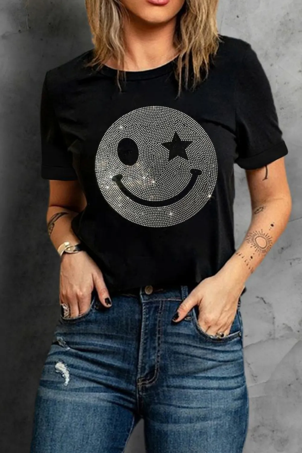 Best Dear-Lover Sparkle Rhinestone Smile Face Graphic T Shirt Black