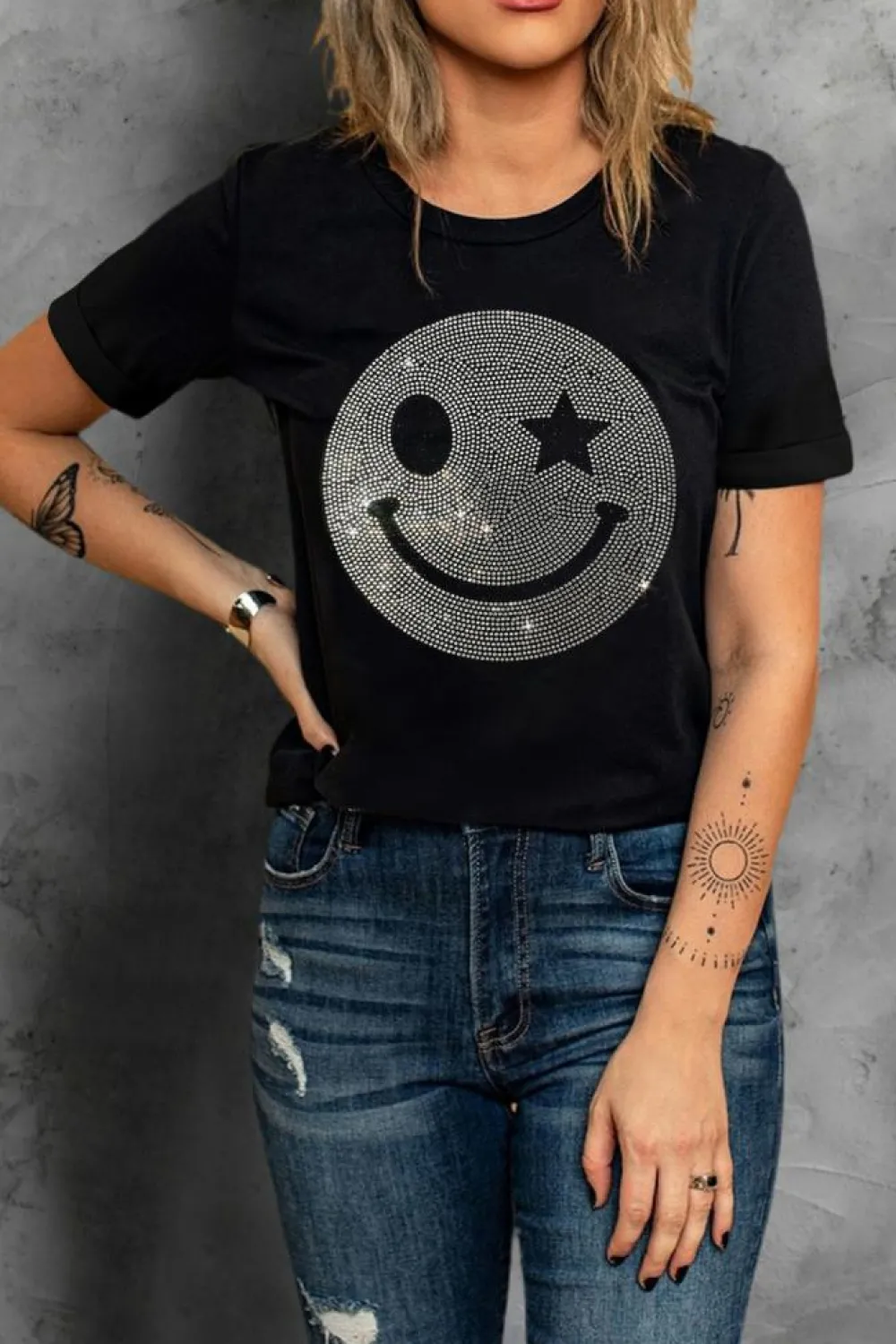 Best Dear-Lover Sparkle Rhinestone Smile Face Graphic T Shirt Black
