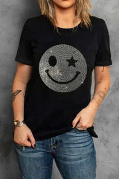 Best Dear-Lover Sparkle Rhinestone Smile Face Graphic T Shirt Black