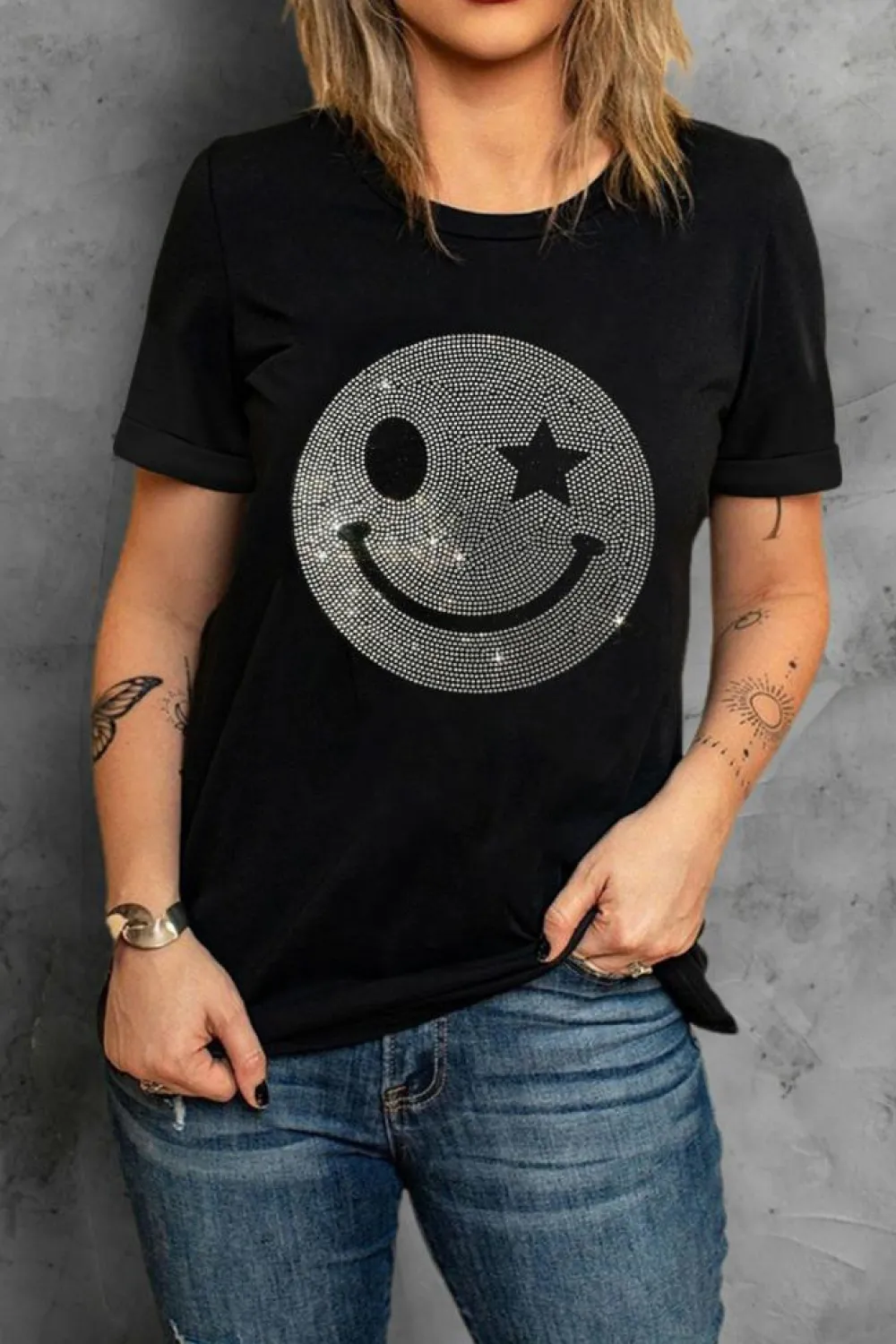 Best Dear-Lover Sparkle Rhinestone Smile Face Graphic T Shirt Black