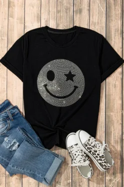 Best Dear-Lover Sparkle Rhinestone Smile Face Graphic T Shirt Black