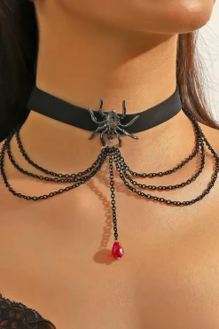Sale Dear-Lover Spider Layered Chain Bead Pendant Choker Necklace Black