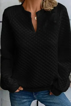 Online Dear-Lover Split Neck Quilted Long Sleeve Top Black