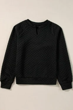 Online Dear-Lover Split Neck Quilted Long Sleeve Top Black