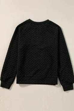 Online Dear-Lover Split Neck Quilted Long Sleeve Top Black