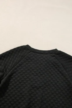 Online Dear-Lover Split Neck Quilted Long Sleeve Top Black