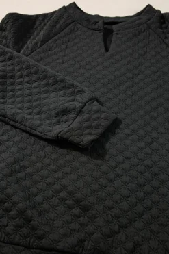 Online Dear-Lover Split Neck Quilted Long Sleeve Top Black