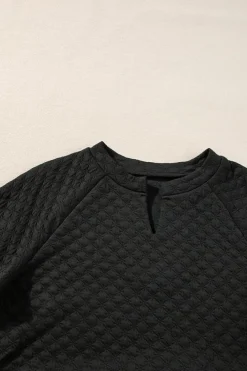 Online Dear-Lover Split Neck Quilted Long Sleeve Top Black