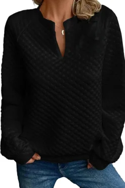 Online Dear-Lover Split Neck Quilted Long Sleeve Top Black