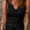 New Dear-Lover Split Neck Ribbed Knit Tank Top Black