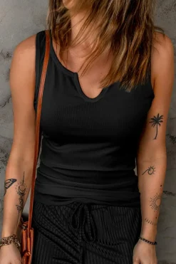 New Dear-Lover Split Neck Ribbed Knit Tank Top Black