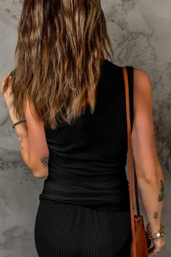 New Dear-Lover Split Neck Ribbed Knit Tank Top Black