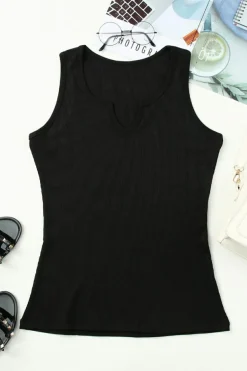 New Dear-Lover Split Neck Ribbed Knit Tank Top Black