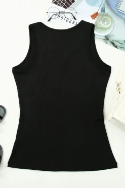 New Dear-Lover Split Neck Ribbed Knit Tank Top Black