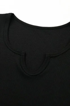 New Dear-Lover Split Neck Ribbed Knit Tank Top Black