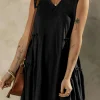 Online Dear-Lover Split V Neck Tiered Flowy Sleeveless Dress Black
