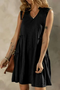 Online Dear-Lover Split V Neck Tiered Flowy Sleeveless Dress Black