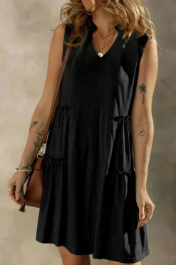 Online Dear-Lover Split V Neck Tiered Flowy Sleeveless Dress Black