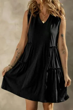Online Dear-Lover Split V Neck Tiered Flowy Sleeveless Dress Black