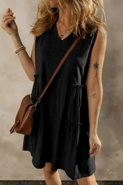 Online Dear-Lover Split V Neck Tiered Flowy Sleeveless Dress Black