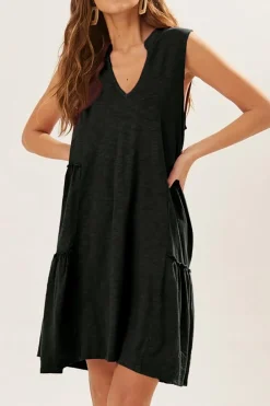Online Dear-Lover Split V Neck Tiered Flowy Sleeveless Dress Black