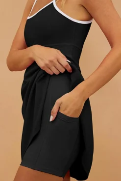Hot Dear-Lover Sporty Ribbed Spaghetti Straps One Piece Swimdress Black