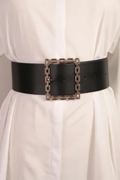 Clearance Dear-Lover Square Buckle Faux Leather Girdle Black