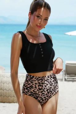 Hot Dear-Lover Square Neck Sleeveless Fashion Print Tankini Set Black