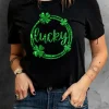 Sale Dear-Lover St Patrick Sequin Lucky Clover Print Short Sleeve T-shirt Black
