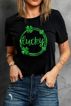 Sale Dear-Lover St Patrick Sequin Lucky Clover Print Short Sleeve T-shirt Black