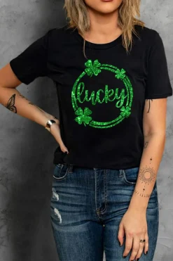 Sale Dear-Lover St Patrick Sequin Lucky Clover Print Short Sleeve T-shirt Black