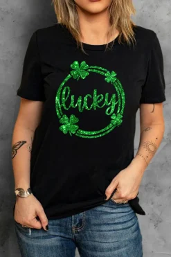 Sale Dear-Lover St Patrick Sequin Lucky Clover Print Short Sleeve T-shirt Black