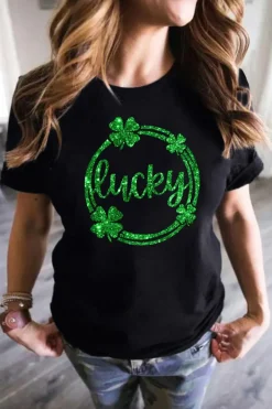 Sale Dear-Lover St Patrick Sequin Lucky Clover Print Short Sleeve T-shirt Black