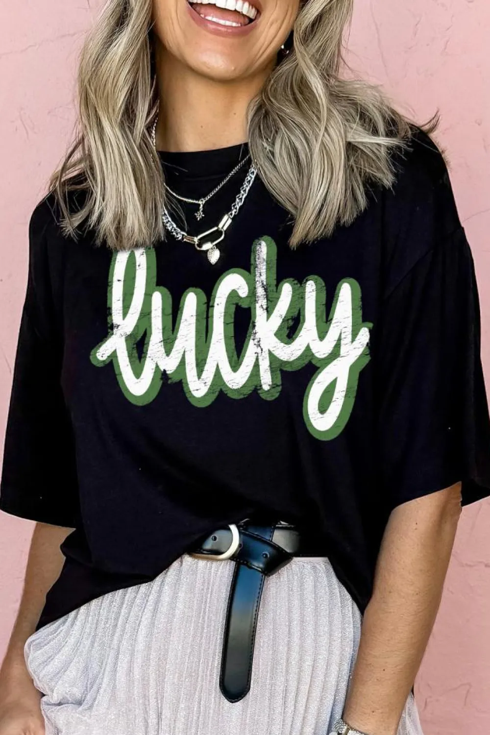 Discount Dear-Lover St Patricks Day lucky Cracked Letter Graphic T Shirt Black