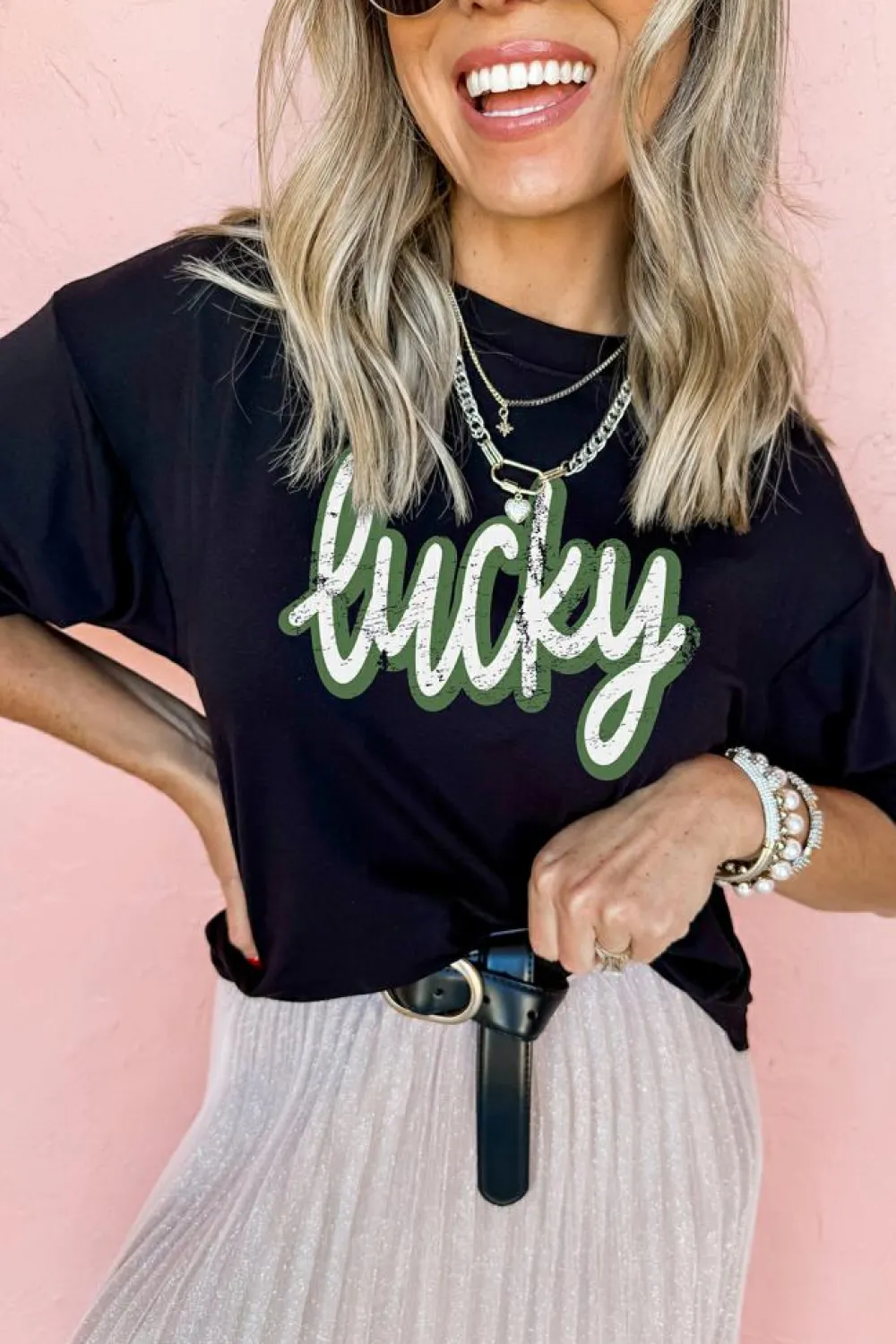 Discount Dear-Lover St Patricks Day lucky Cracked Letter Graphic T Shirt Black