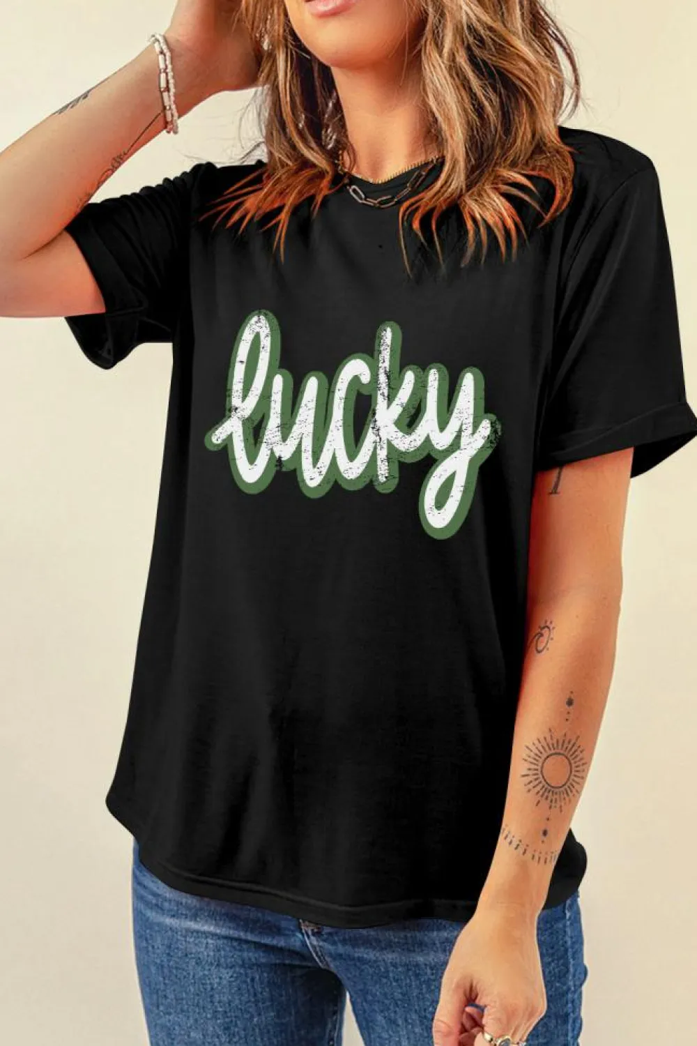 Discount Dear-Lover St Patricks Day lucky Cracked Letter Graphic T Shirt Black