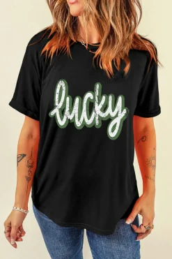Discount Dear-Lover St Patricks Day lucky Cracked Letter Graphic T Shirt Black