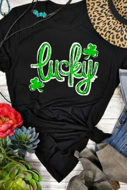 Hot Dear-Lover St. Patricks Lucky Clover Print O Neck T Shirt Black
