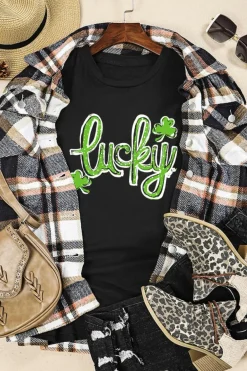 Hot Dear-Lover St. Patricks Lucky Clover Print O Neck T Shirt Black