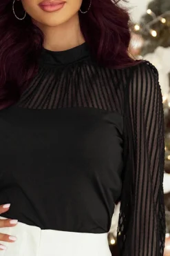 Best Dear-Lover Stand Collar Striped Mesh Lantern Sleeve Blouse Black