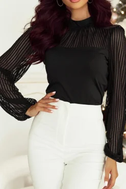 Best Dear-Lover Stand Collar Striped Mesh Lantern Sleeve Blouse Black