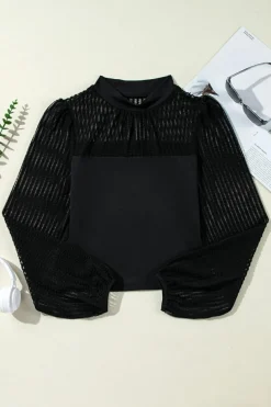 Best Dear-Lover Stand Collar Striped Mesh Lantern Sleeve Blouse Black