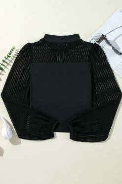 Best Dear-Lover Stand Collar Striped Mesh Lantern Sleeve Blouse Black
