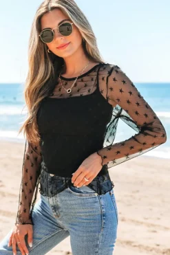 New Dear-Lover Star Print Mesh Sheer Slim Long Sleeve Top Black