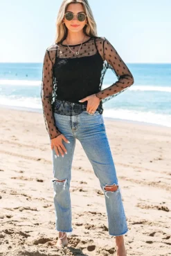 New Dear-Lover Star Print Mesh Sheer Slim Long Sleeve Top Black