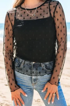 New Dear-Lover Star Print Mesh Sheer Slim Long Sleeve Top Black
