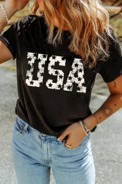 Sale Dear-Lover Star USA Graphic Crewneck T Shirt Black