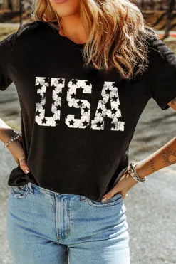 Sale Dear-Lover Star USA Graphic Crewneck T Shirt Black